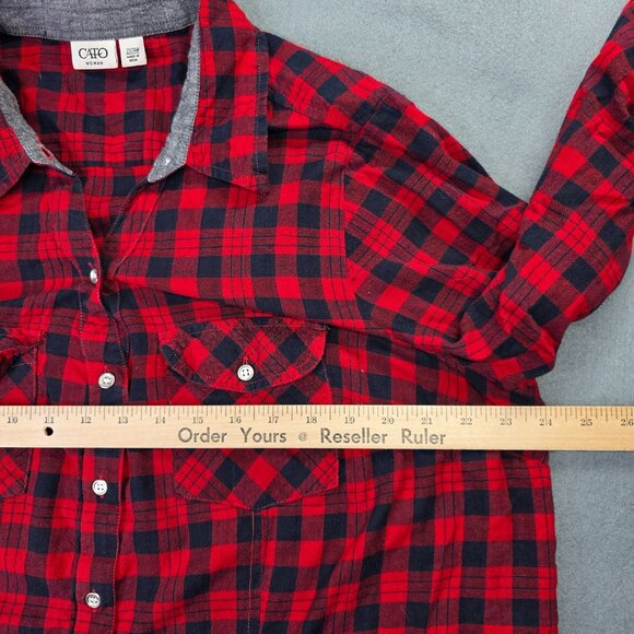 Cato Shirt Woman Plus 22-24W Red Black Plaid Contrasting Gray Trim Casual Layer - Picture 8 of 12